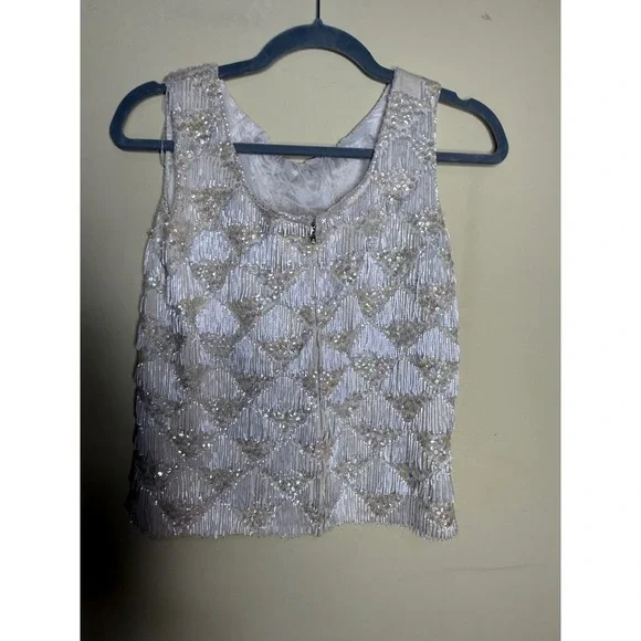 RARE 100% Wool Vtg Hand Beaded Sleeveless Top with Sequins Elegant Fringe Boho - Picture 6 of 11